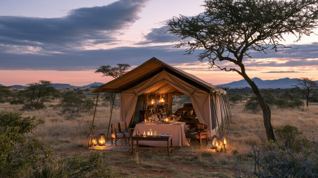 luxury tented camp in african savanna with elegant setup