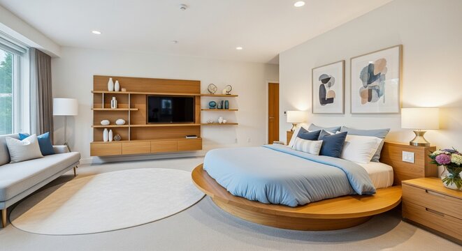 Modern minimalist master bedroom with a floating round bed, wooden wall unit, and contemporary furniture in a bright, airy luxury apartment.