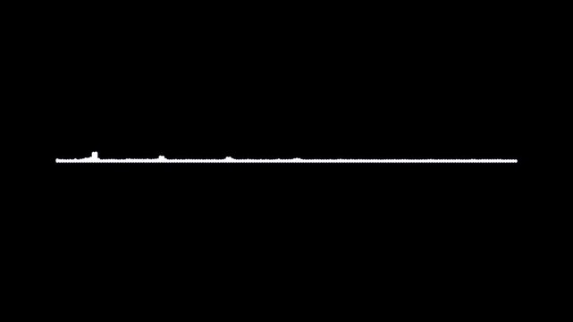 Sound waveform spectrum animation, white audio frequency visualizer, podcast voice signal meter, music equalizer bars, digital sound wave overlay, black background, seamless 4k video