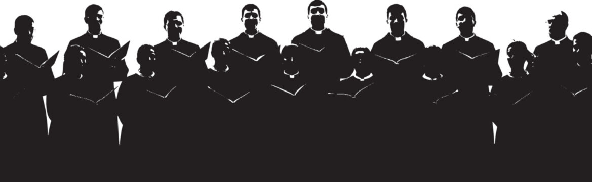 Black silhouette of a church choir group singing together holding song books in a musical performance isolated on transparent background, Vector
