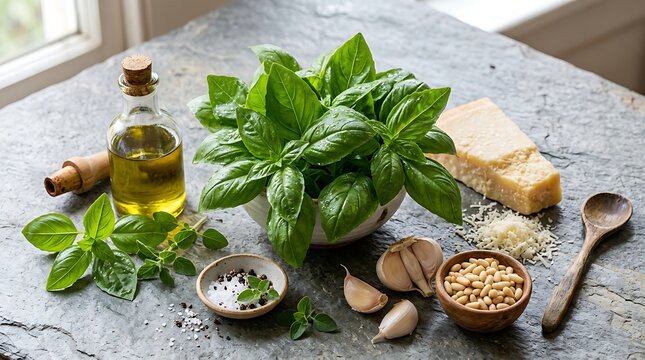 Fresh green basil leaves with olive oil and pine nuts for making pesto sauce on a rustic wooden table. basil pesto kit