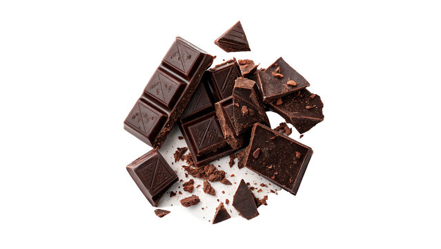 Chunky pieces of dark broken chocolate bars sweet confectionery isolated on transparent background cut out