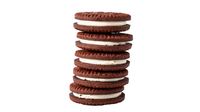 Stack of delicious chocolate sandwich cookies with white cream filling isolated on transparent background cut out