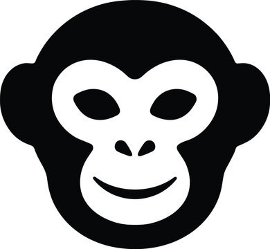 Minimalist monkey head vector icon, black and white primate face logo, stylized chimpanzee mascot graphic for branding and app design