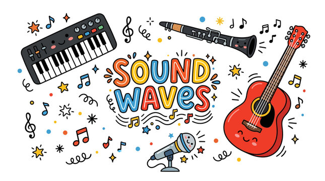 A colorful doodle illustration featuring musical instruments like a keyboard, guitar, clarinet, and microphone, surrounded by musical notes and stars, with the text "SOUND WAVES".