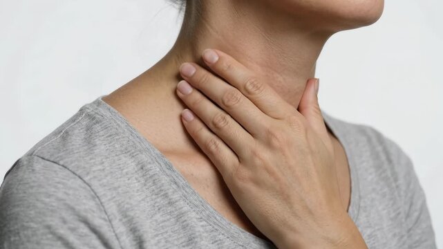Woman touching her sore throat with red inflammation glow