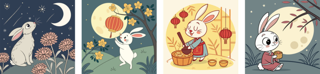 Set of cute rabbits celebrating midautumn festival, cartoon bunny with moon, lantern, mooncake, and traditional decorations for chinese holiday © Faija