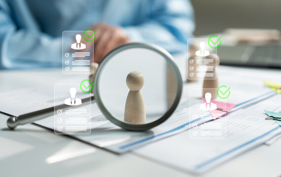 HR recruitment and talent acquisition concept with magnifying glass highlighting candidate profile, representing employee selection, resume screening, workforce management and modern hiring process.