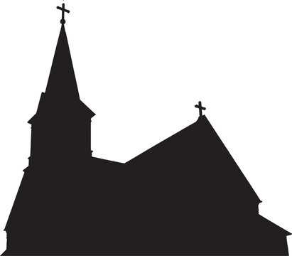 Black silhouette of a church building with a tall steeple and a christian cross on top isolated on transparent background, Vector