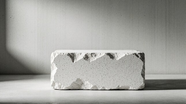 Rough white concrete block stands on grey floor. Minimalist stone object creates modern geometric composition. Industrial material shows uneven surface texture under soft light. Empty display podium
