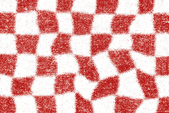 Red checker squares warp and rotate around a strongly distorted central area.
