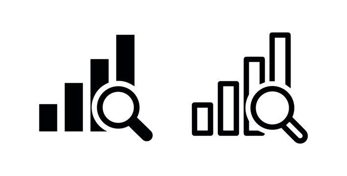 Bar graph with magnifying glass, data analysis and search icons, black and white