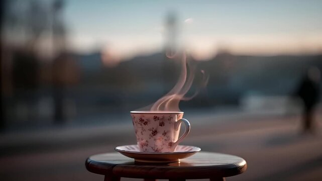 Paris, France, Europe. A romantic scene features a cup of coffee with a heartshaped steam rising from it, set against a blurred background of the Eiffel Tower at sunset.