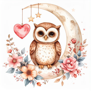 Charming watercolor illustration features cute baby owl perched crescent moon. Hanging golden stars, pink hearts, soft flowers frame sweet bird, nursery decor, white background.