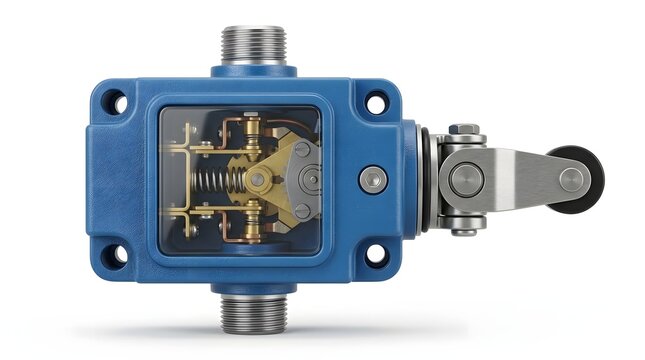 Mechanical switch with roller actuator and internal electrical components.