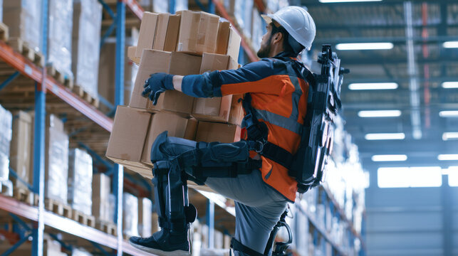 person using exosuit for heavy lifting in modern warehouse