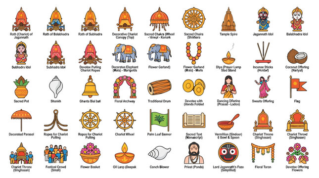 Collection of colorful flat vector icons representing traditional Hindu religious symbols and cultural elements.