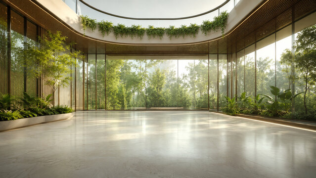 Glass garden atrium with circular skylight and open display floor