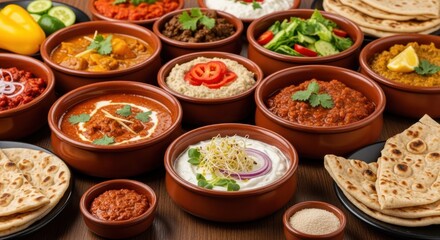 Fototapeta premium Assortment of indian dishes in clay bowls with naan bread on the side.