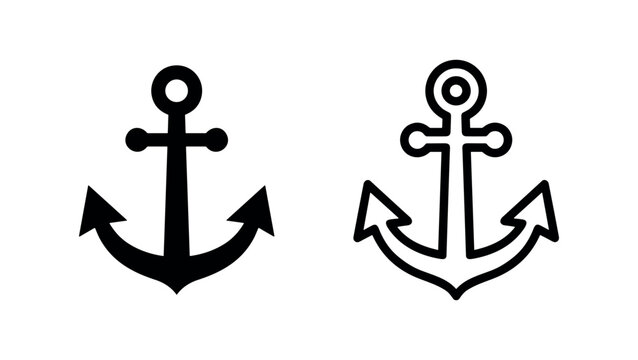 Marine anchor icon in solid and outline styles, symbol of stability, nautical travel, and maritime security