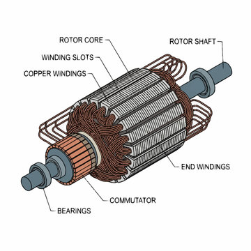 Corporate of a Detailed DC Motor Rotor Core with Copper Windings Rotor Shaft Commutator and Bearings