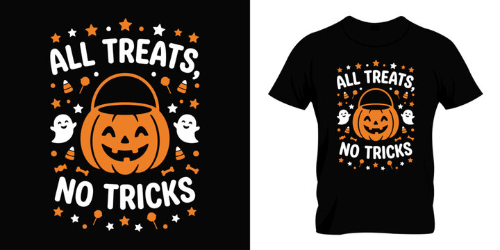 Creative halloween t shirt design featuring a cute jack o lantern pumpkin with the quote all treats no tricks