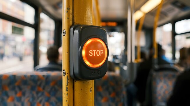 Red illuminated stop button inside city bus for passenger safety request.
