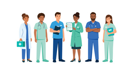 Obraz premium Flat lay vector illustration of diverse medical staff team, doctors in lab coats, nurses wearing scrubs, stethoscope, clipboards.