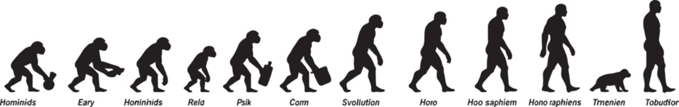 Black silhouette illustration showing the evolution of man from ape to modern human and technology worker isolated on transparent background, Vector
