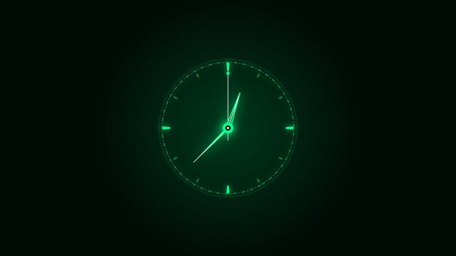 Glowing green analog clocks spinning fast on black background