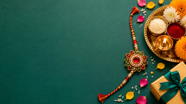 Raksha Bandhan background with traditional rakhi bracelet, festive puja thali, flower petals, gift box and elegant copy space