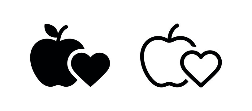 Healthy apple with heart icon set