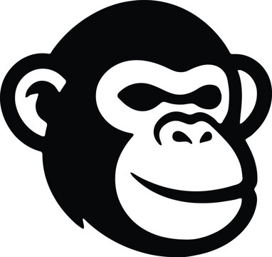 Minimalist monkey head vector icon, black and white chimpanzee face logo, stylized primate mascot graphic for branding and apparel design