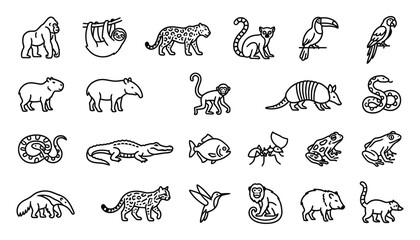 Wild Jungle and Rainforest Animal Outline Icons Set illustration © Shifaul Islam