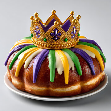 Festive king cake with royal crown topping mardi gras fat tuesday celebration