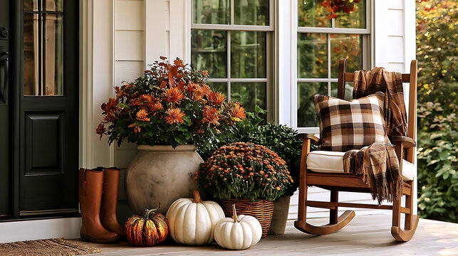 A wooden rocking chair with a cozy buffalo check (red and black check) pillow and a matching folded throw draped over the armrest creates a welcoming and warm atmosphere.