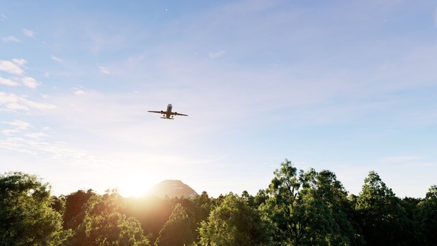 4K aerial view of a commercial airplane flying above a vast forest, ideal for aviation, air travel, nature, transportation, tourism, and environmental content.
