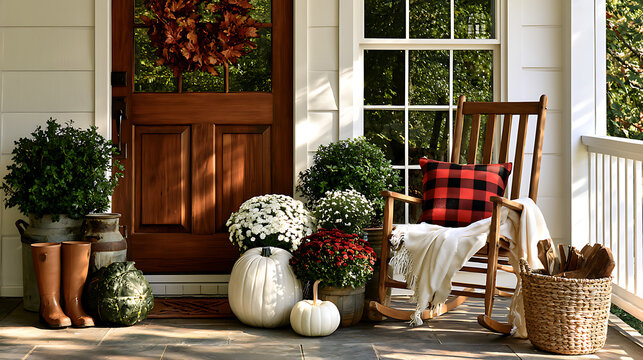 Traditional style front porch decorated for autumn with rain boots, heirloom gourds, white pumpkins, mums and rocking chair with buffalo plaid pillow and throw blanket giving an inviting atmosphere
