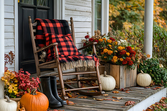 A wooden rocking chair with a cozy buffalo check pillow and a matching folded throw draped over the armrest creates a welcoming and warm atmosphere.