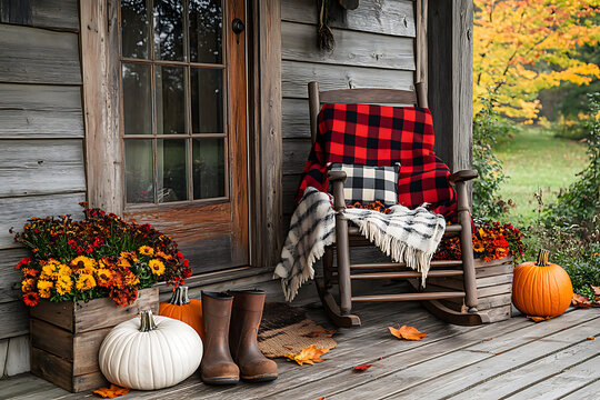 Front Porch Decorated for Autumn with Buffalo Plaid. Traditional style front porch decorated for autumn with rain boots, heirloom gourds, white pumpkins, mums and rocking chair with buffalo plaid pill