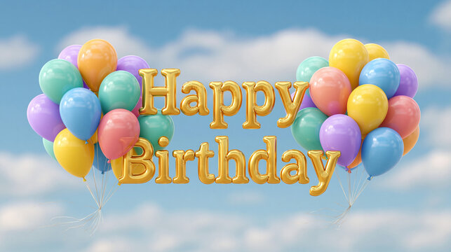 Golden happy birthday text with colorful balloons floating against a cloudy sky.