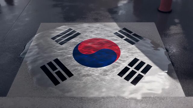 Dynamic South Korean Flag Reflected in Puddle with Water Ripples