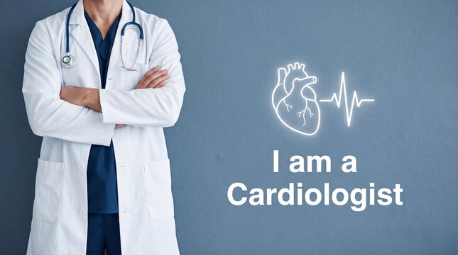 Cardiologist standing with arms crossed. Medical doctor with heart icon and stethoscope.