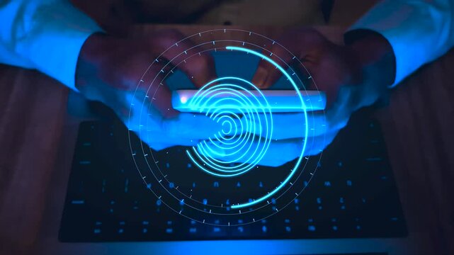 Person verifying identity on a smartphone using fingerprint biometric authentication, illustrating secure mobile access, digital identity verification, cybersecurity protection, and privacy control.