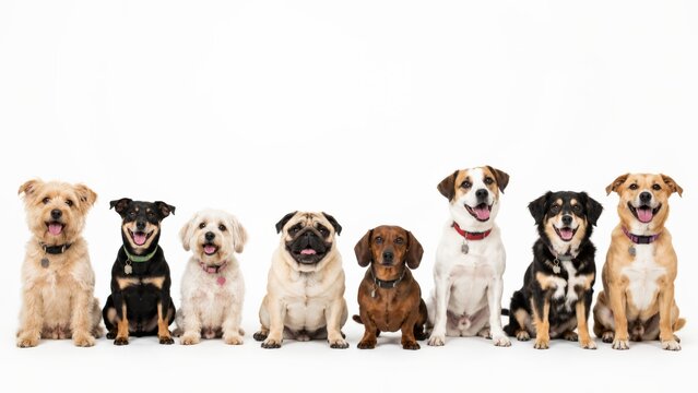 Eight rescued dogs of different breeds and sizes sitting in a row on white background wearing collars with ID tags including a terrier rottweiler mix Maltese pug dachshund and Jack Russell