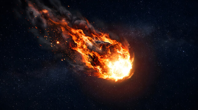 Burning Meteoroid or Asteroid Entering Atmosphere with Fire Trail and Sparks in Deep Space Night Sky