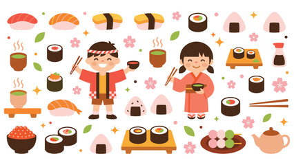 Japanese food set with sushi rolls boy and girl in traditional wear. © RUHUL
