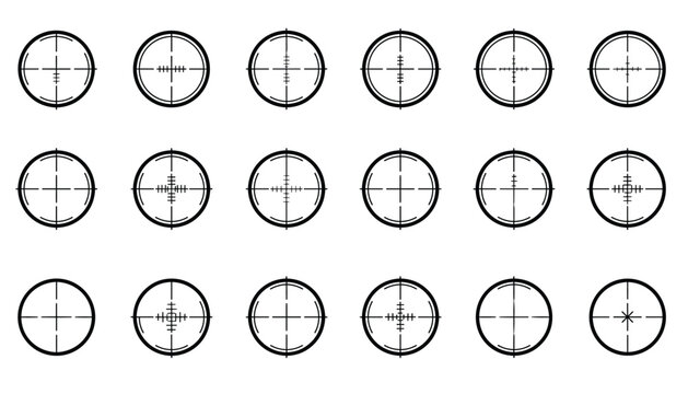 Grid collection of eighteen different weapon sights, crosshairs and reticle target symbols isolated on a white background.