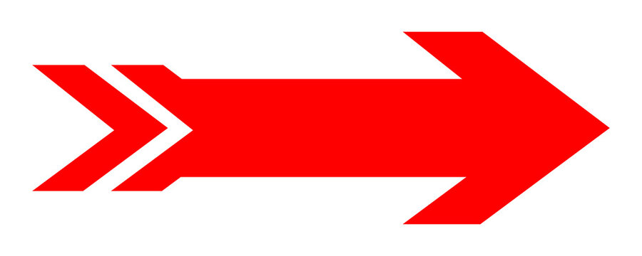 Bright red wide horizontal arrow with double tail detail indicating fast speed motion and direction for warning or urgency signs.