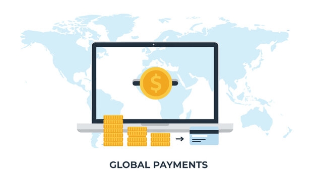 Global payments concept illustration displaying a laptop screen over a world map with stack of coins and a bank card.
